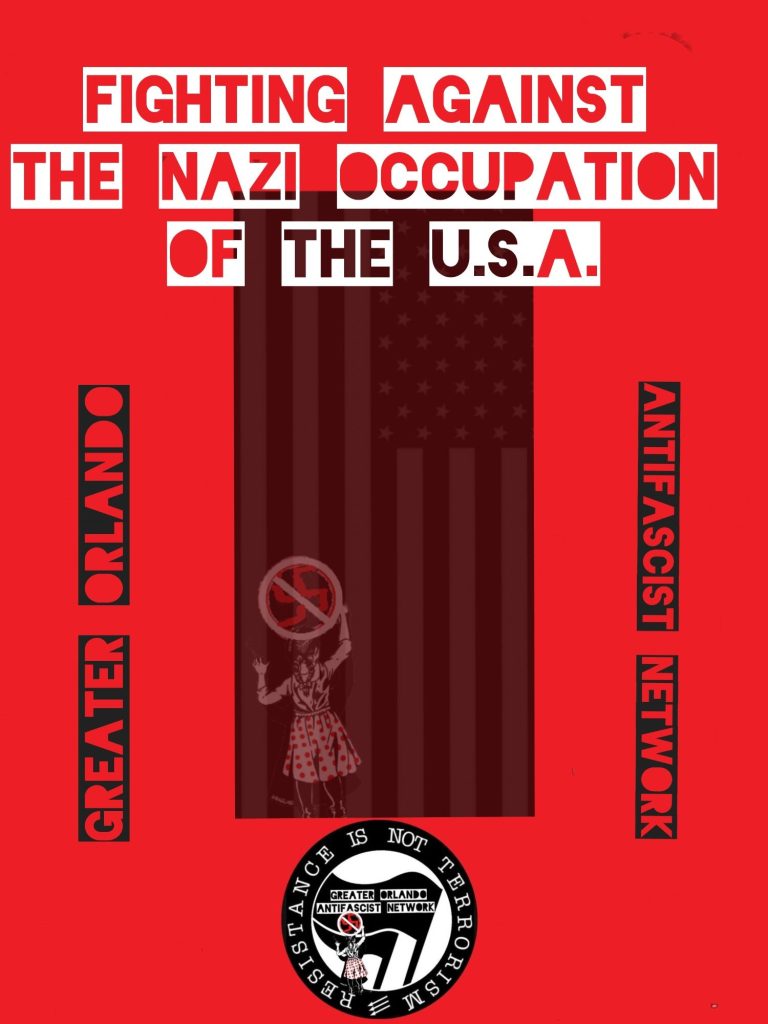 Red poster with text warning against Nazi occupation, featuring a crossed-out symbol and an illustration.