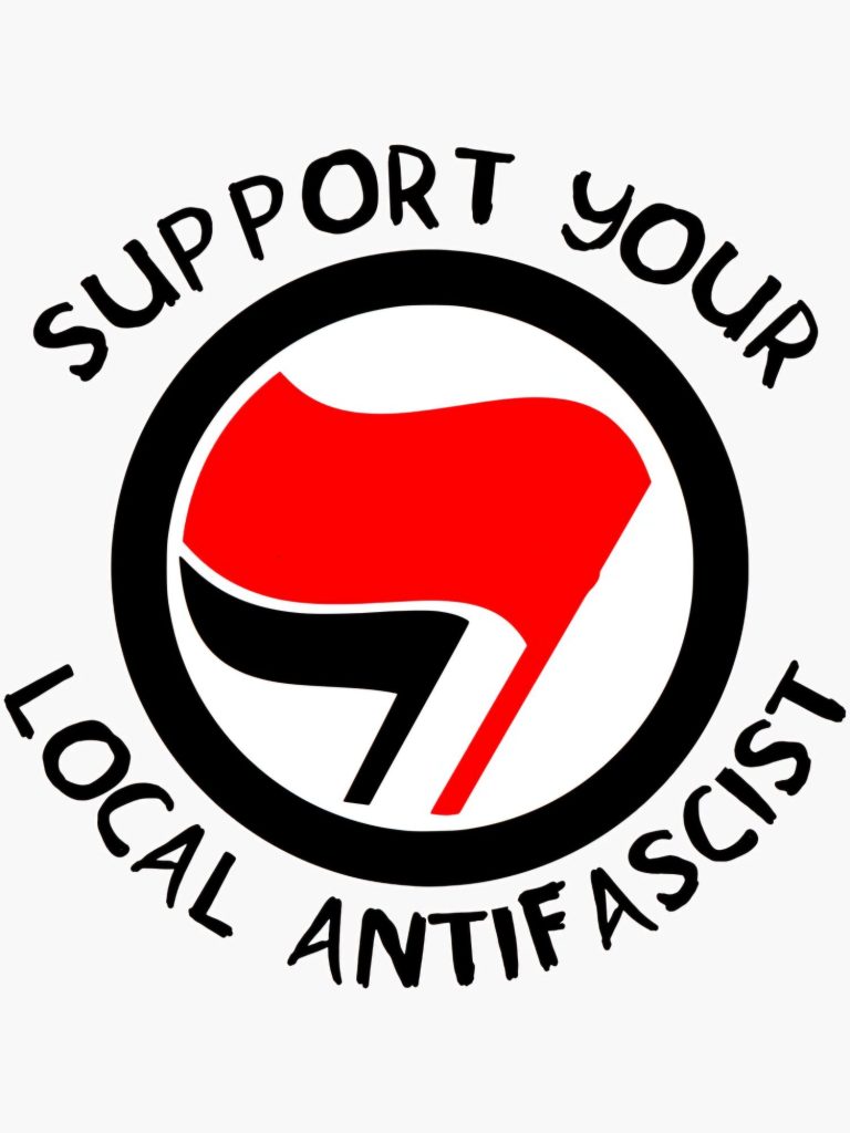 Logo with a red and black flag design and text urging support for local antifascists.