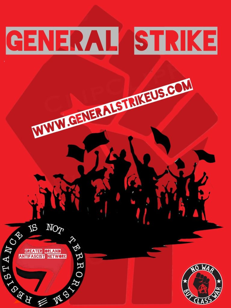 Red poster featuring a crowd with raised fists and flags, promoting a general strike.